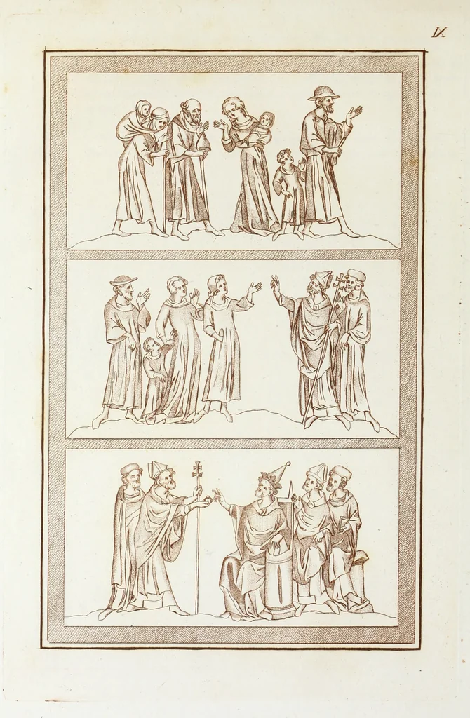 An illustration from The regal and ecclesiastical antiquities of England : containing the representations of all the English monarchs from Edward the Confessor to Henry the Eighth : together with many of the great persons that were eminent under their several reigns : on sixty copper plates, engraved by the author, the whole carefully collected from ancient illuminated manuscripts, 1793, leaf 293
