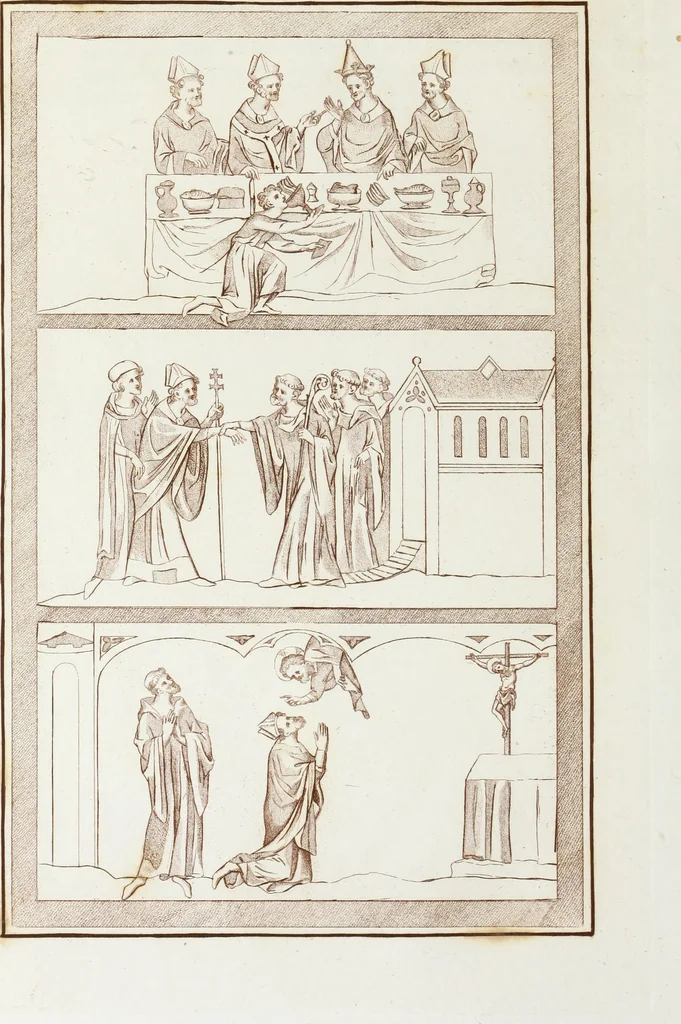 An illustration from The regal and ecclesiastical antiquities of England : containing the representations of all the English monarchs from Edward the Confessor to Henry the Eighth : together with many of the great persons that were eminent under their several reigns : on sixty copper plates, engraved by the author, the whole carefully collected from ancient illuminated manuscripts, 1793, leaf 297