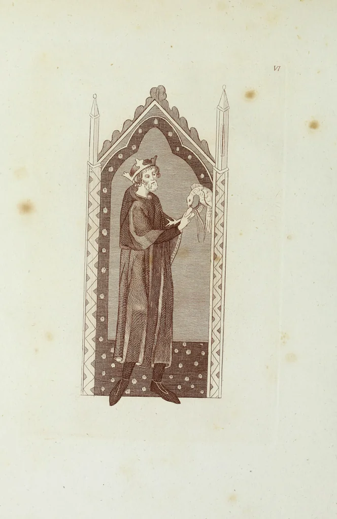 An illustration from The regal and ecclesiastical antiquities of England : containing the representations of all the English monarchs from Edward the Confessor to Henry the Eighth : together with many of the great persons that were eminent under their several reigns : on sixty copper plates, engraved by the author, the whole carefully collected from ancient illuminated manuscripts, 1793, leaf 33