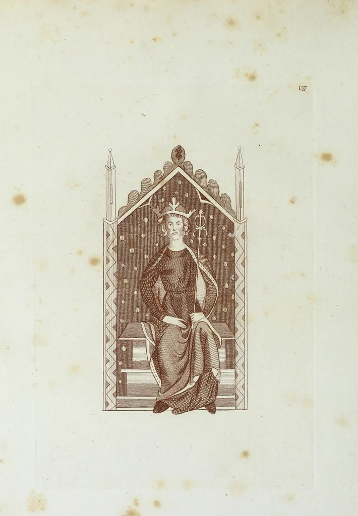 An illustration from The regal and ecclesiastical antiquities of England : containing the representations of all the English monarchs from Edward the Confessor to Henry the Eighth : together with many of the great persons that were eminent under their several reigns : on sixty copper plates, engraved by the author, the whole carefully collected from ancient illuminated manuscripts, 1793, leaf 37