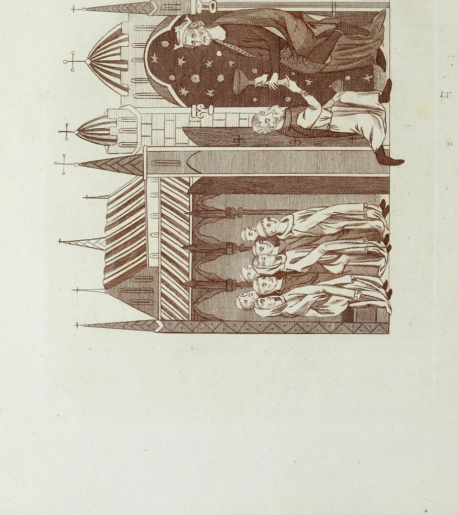 An illustration from The regal and ecclesiastical antiquities of England : containing the representations of all the English monarchs from Edward the Confessor to Henry the Eighth : together with many of the great persons that were eminent under their several reigns : on sixty copper plates, engraved by the author, the whole carefully collected from ancient illuminated manuscripts, 1793, leaf 53