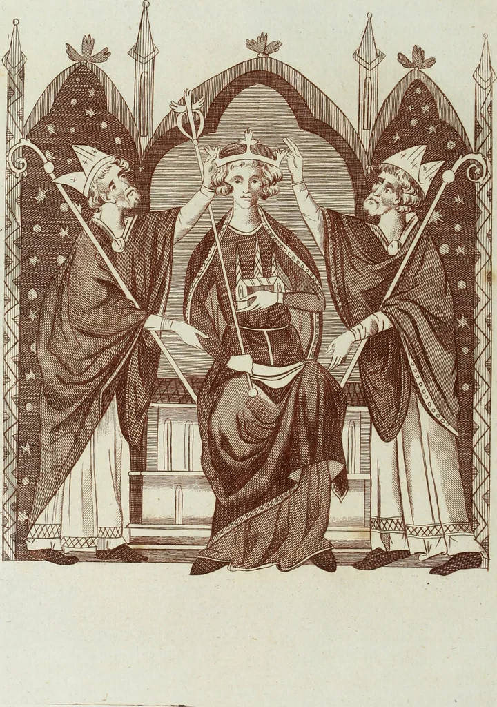 An illustration from The regal and ecclesiastical antiquities of England : containing the representations of all the English monarchs from Edward the Confessor to Henry the Eighth : together with many of the great persons that were eminent under their several reigns : on sixty copper plates, engraved by the author, the whole carefully collected from ancient illuminated manuscripts, 1793, leaf 57
