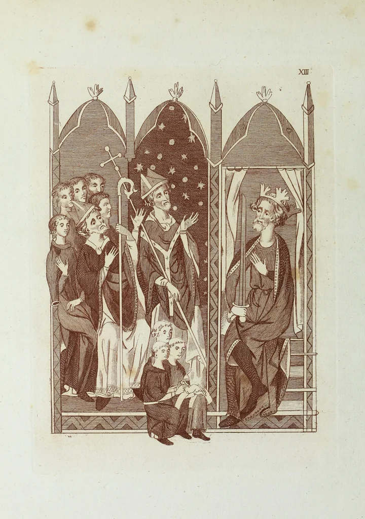 An illustration from The regal and ecclesiastical antiquities of England : containing the representations of all the English monarchs from Edward the Confessor to Henry the Eighth : together with many of the great persons that were eminent under their several reigns : on sixty copper plates, engraved by the author, the whole carefully collected from ancient illuminated manuscripts, 1793, leaf 61