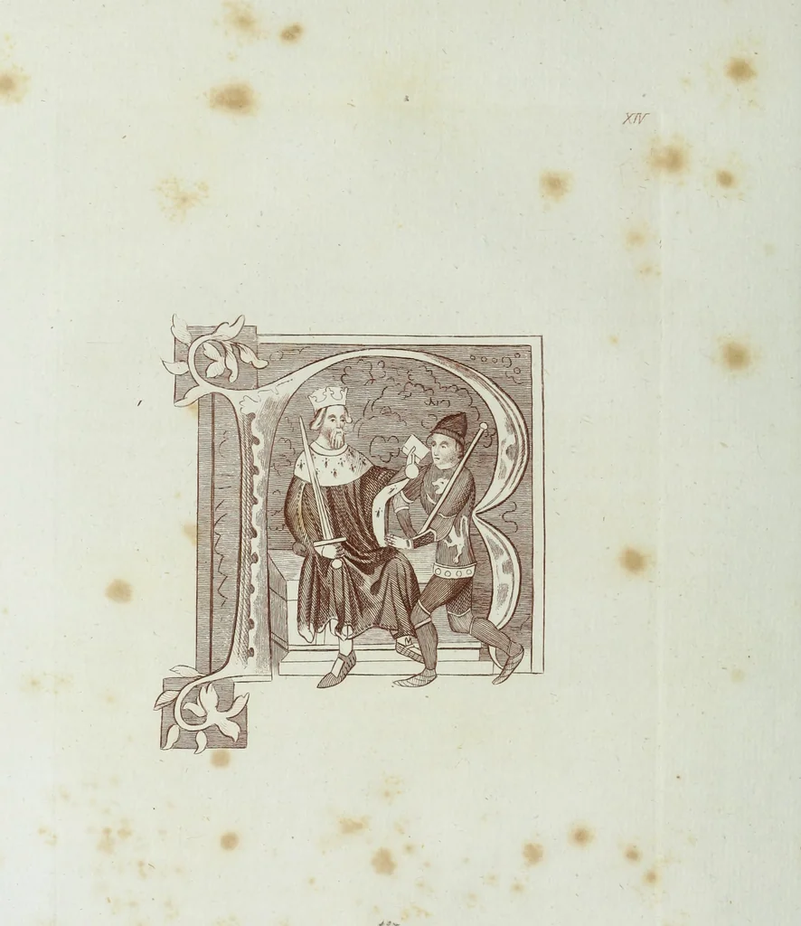 An illustration from The regal and ecclesiastical antiquities of England : containing the representations of all the English monarchs from Edward the Confessor to Henry the Eighth : together with many of the great persons that were eminent under their several reigns : on sixty copper plates, engraved by the author, the whole carefully collected from ancient illuminated manuscripts, 1793, leaf 65