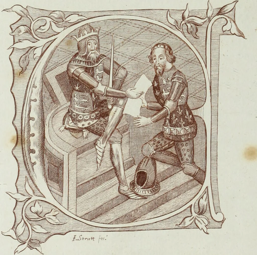 An illustration from The regal and ecclesiastical antiquities of England : containing the representations of all the English monarchs from Edward the Confessor to Henry the Eighth : together with many of the great persons that were eminent under their several reigns : on sixty copper plates, engraved by the author, the whole carefully collected from ancient illuminated manuscripts, 1793, leaf 69