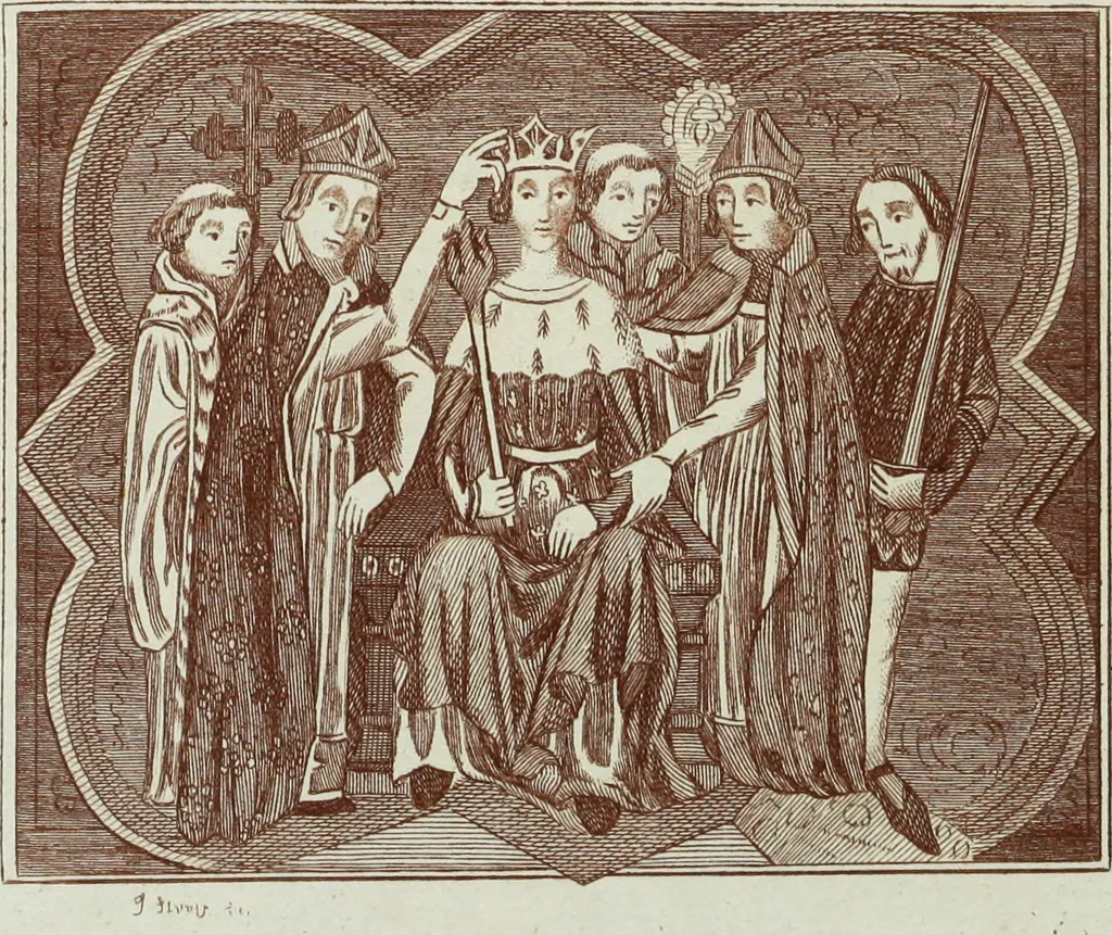 An illustration from The regal and ecclesiastical antiquities of England : containing the representations of all the English monarchs from Edward the Confessor to Henry the Eighth : together with many of the great persons that were eminent under their several reigns : on sixty copper plates, engraved by the author, the whole carefully collected from ancient illuminated manuscripts, 1793, leaf 77