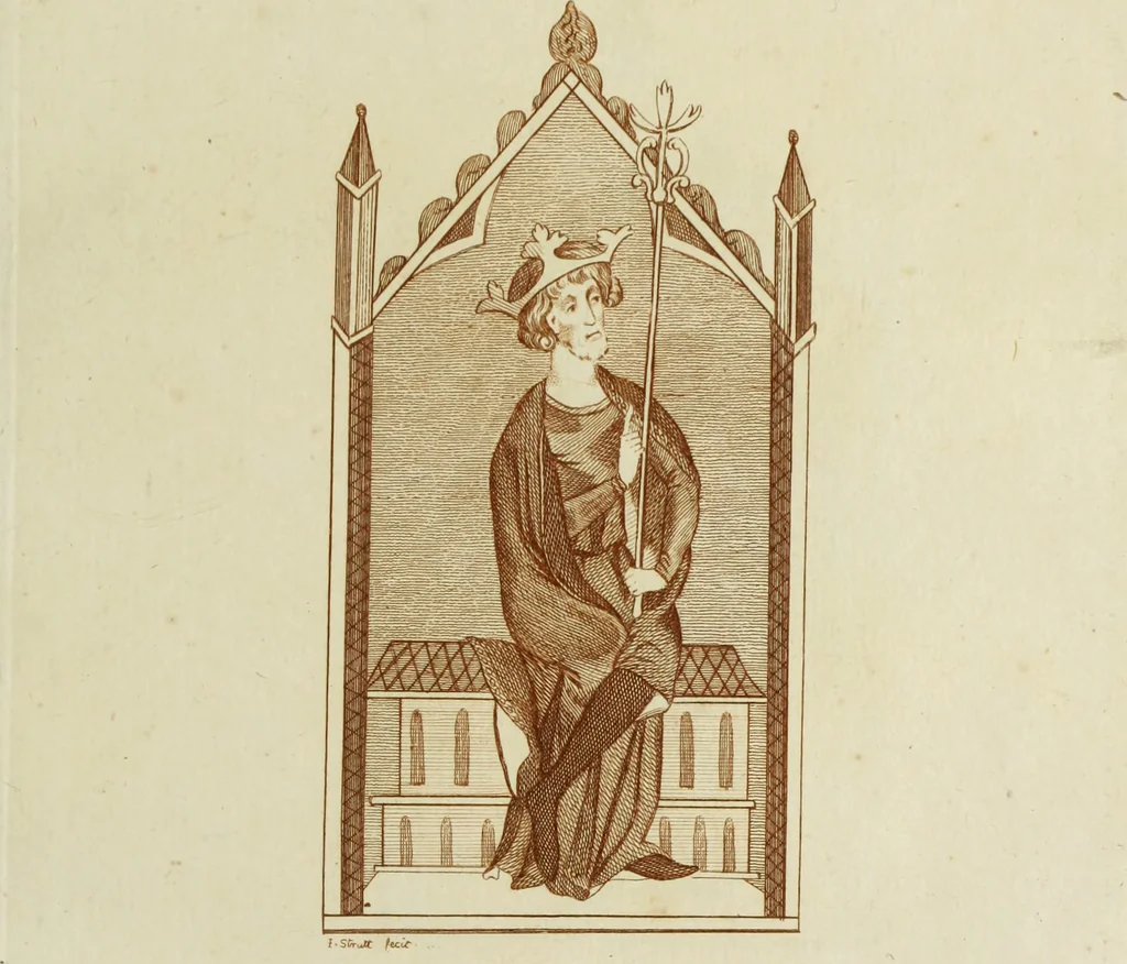 An illustration from The regal and ecclesiastical antiquities of England : containing the representations of all the English monarchs from Edward the Confessor to Henry the Eighth : together with many of the great persons that were eminent under their several reigns : the whole carefully collected from ancient illuminated manuscripts, 1777, leaf 140
