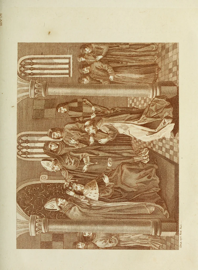 An illustration from The regal and ecclesiastical antiquities of England : containing the representations of all the English monarchs from Edward the Confessor to Henry the Eighth : together with many of the great persons that were eminent under their several reigns : the whole carefully collected from ancient illuminated manuscripts, 1777, leaf 208