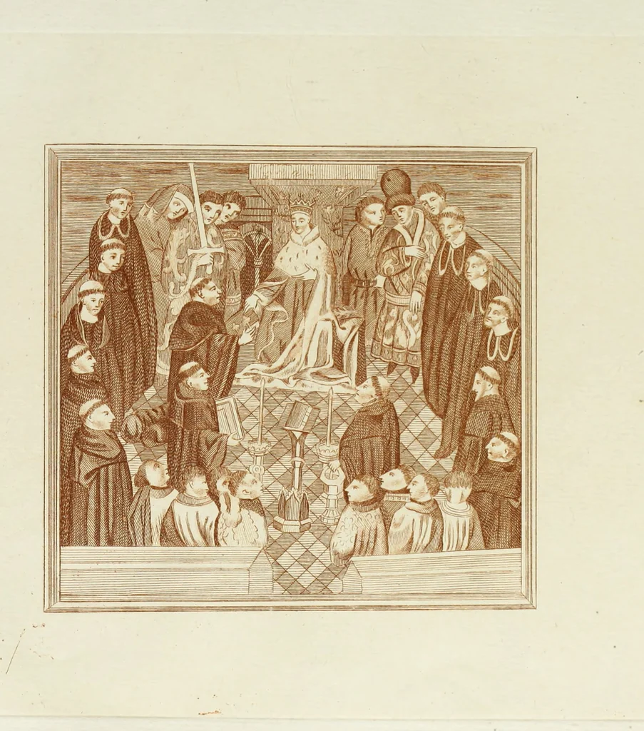 An illustration from The regal and ecclesiastical antiquities of England : containing the representations of all the English monarchs from Edward the Confessor to Henry the Eighth : together with many of the great persons that were eminent under their several reigns : the whole carefully collected from ancient illuminated manuscripts, 1777, leaf 214