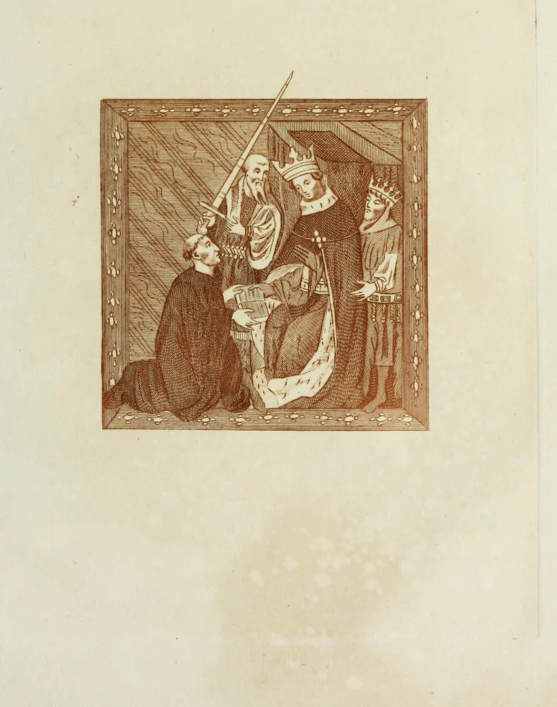 An illustration from The regal and ecclesiastical antiquities of England : containing the representations of all the English monarchs from Edward the Confessor to Henry the Eighth : together with many of the great persons that were eminent under their several reigns : the whole carefully collected from ancient illuminated manuscripts, 1777, leaf 216