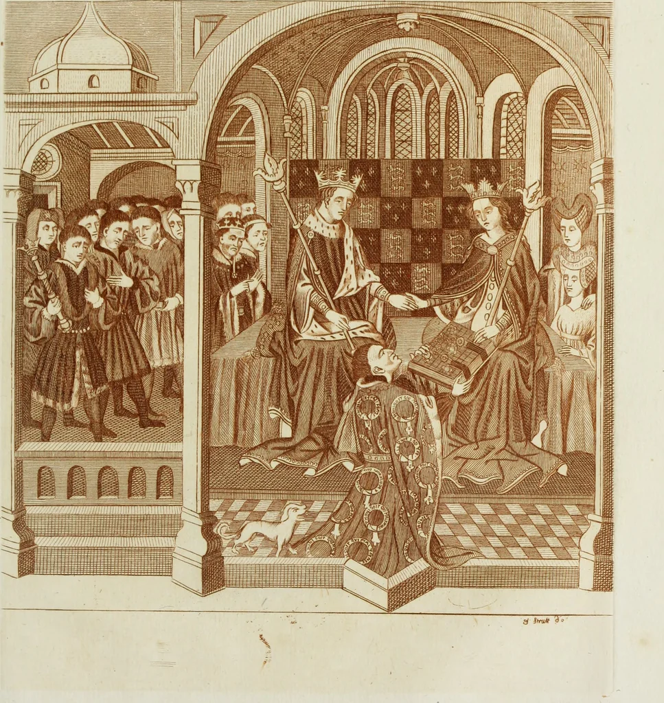 An illustration from The regal and ecclesiastical antiquities of England : containing the representations of all the English monarchs from Edward the Confessor to Henry the Eighth : together with many of the great persons that were eminent under their several reigns : the whole carefully collected from ancient illuminated manuscripts, 1777, leaf 218