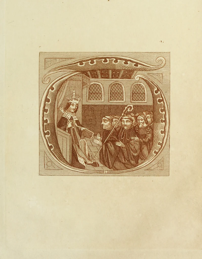 An illustration from The regal and ecclesiastical antiquities of England : containing the representations of all the English monarchs from Edward the Confessor to Henry the Eighth : together with many of the great persons that were eminent under their several reigns : the whole carefully collected from ancient illuminated manuscripts, 1777, leaf 230
