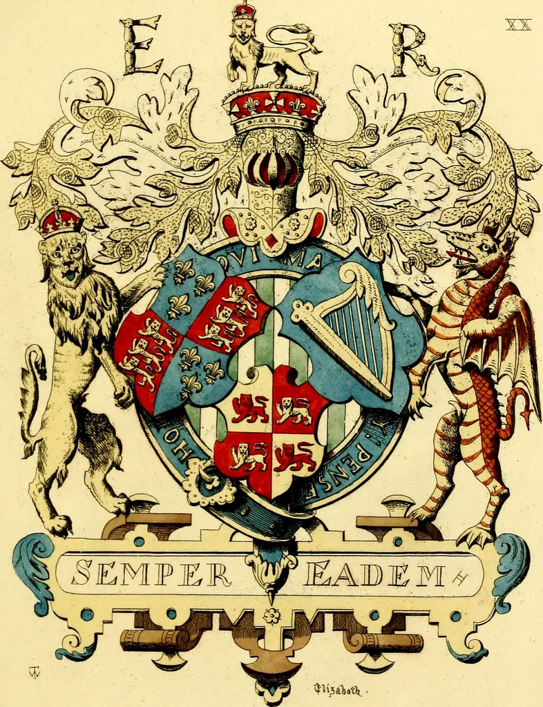 An illustration from Regal heraldry; the armorial insignia of the Kings and Queens of England, from coeval authorities, 1821, leaf 142