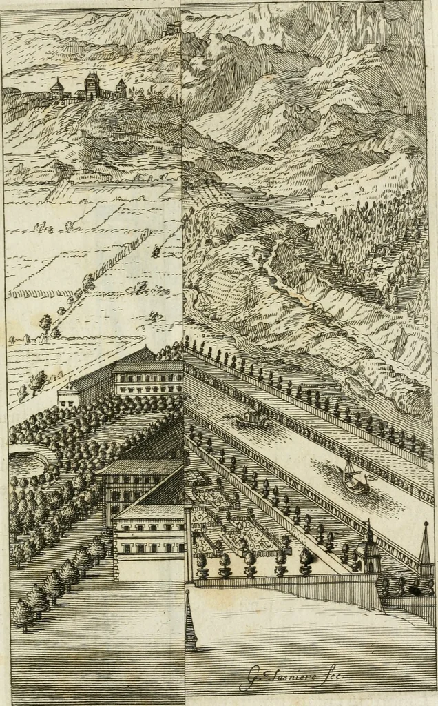 An illustration from Regiae villae poetice descriptae : et Regiae Celsitudini Victoris Amadeii II sabaudiae, et montisferrati ducis pedemontii principis, cypri regis, &c., 1711, leaf 156