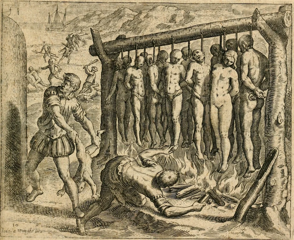 An illustration from Regionvm Indicarum per Hispanos olim devastatarum accuratissima descriptio, insertis Figuris æneis ad vivum fabrefactis, 1664, leaf 16