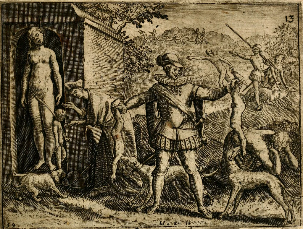 An illustration from Regionvm Indicarum per Hispanos olim devastatarum accuratissima descriptio, insertis Figuris æneis ad vivum fabrefactis, 1664, leaf 58