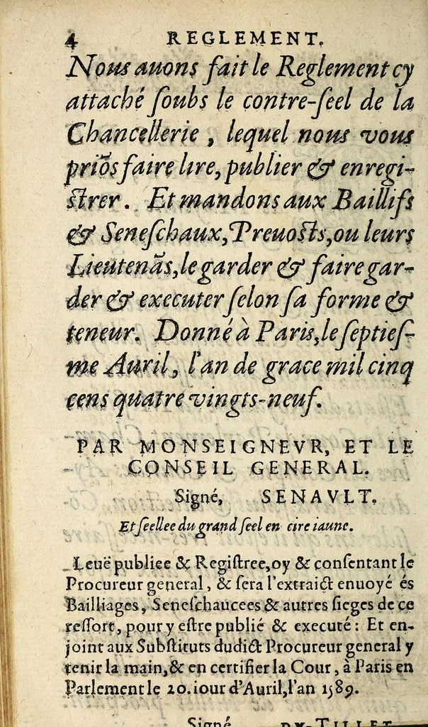 An illustration from Reglement General Povr Remedier Avx Desordres aduenuz à l'occa[s]ion des troubles pre[s]ens, attendant l'a[ss]emblee generale des E[s]tats du Royaume., 1589, leaf 4