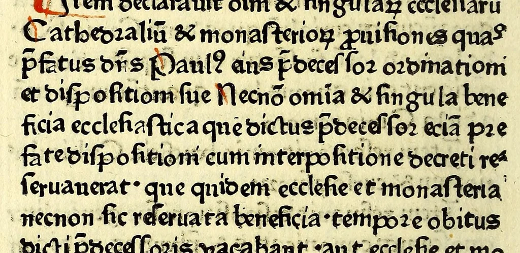 An illustration from Regūle ordinacones [sic] [et] cōnstitutiones cancellarie santissimi domini nostri domi[ni] Sixti diuina p[ro]uidencia pape quarti scripte [et] correcte in Cancellaria Apostolica, leaf 14
