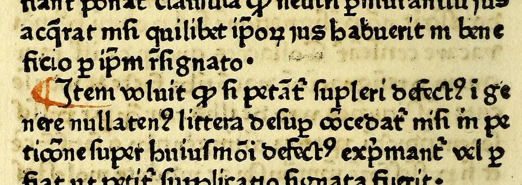 An illustration from Regūle ordinacones [sic] [et] cōnstitutiones cancellarie santissimi domini nostri domi[ni] Sixti diuina p[ro]uidencia pape quarti scripte [et] correcte in Cancellaria Apostolica, leaf 28