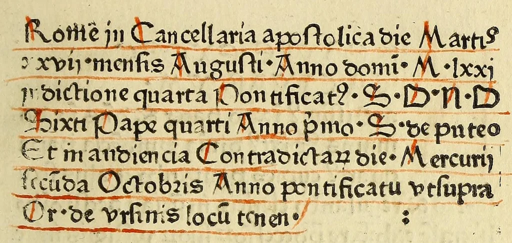 An illustration from Regūle ordinacones [sic] [et] cōnstitutiones cancellarie santissimi domini nostri domi[ni] Sixti diuina p[ro]uidencia pape quarti scripte [et] correcte in Cancellaria Apostolica, leaf 41