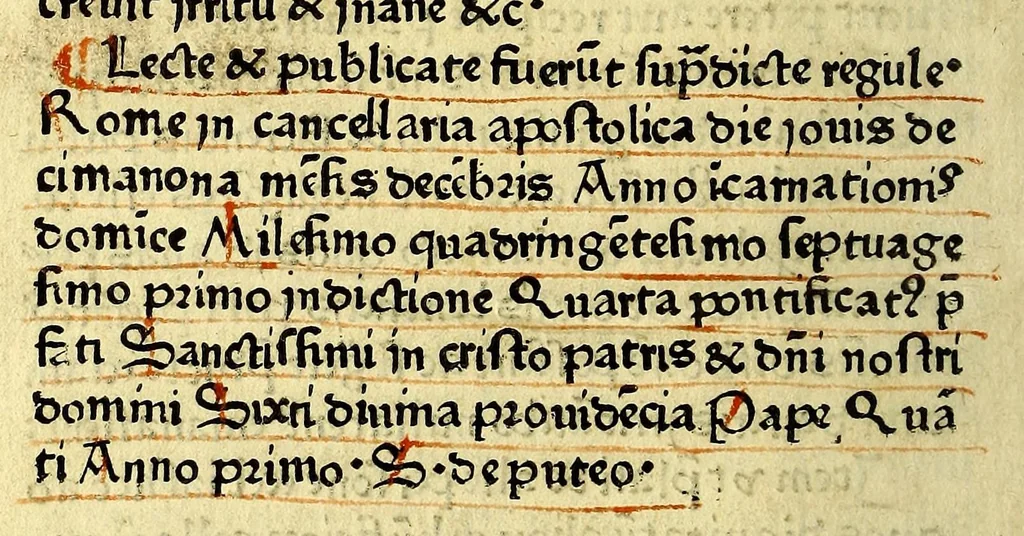 An illustration from Regūle ordinacones [sic] [et] cōnstitutiones cancellarie santissimi domini nostri domi[ni] Sixti diuina p[ro]uidencia pape quarti scripte [et] correcte in Cancellaria Apostolica, leaf 52