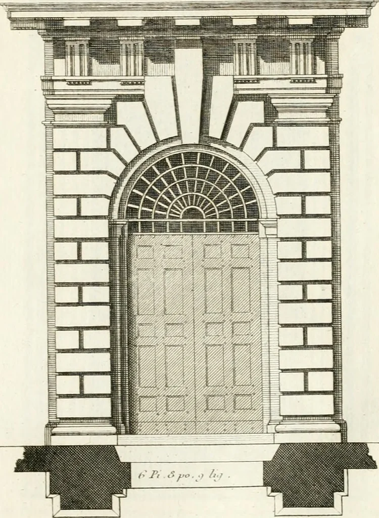 An illustration from Regles des cinq ordres d'architecture de Vignole : ouvrage dans lequel on donne : une idée de la géometrie, les définitions des figures géométriques nécessaires à l'étude de l'architecture, la formation des ordres, rigoureusement démontrée, dans l'origine de l'architecture ... : enfin, les notions nécessaires sur les ordres appellés accessoires, 1797, leaf 104