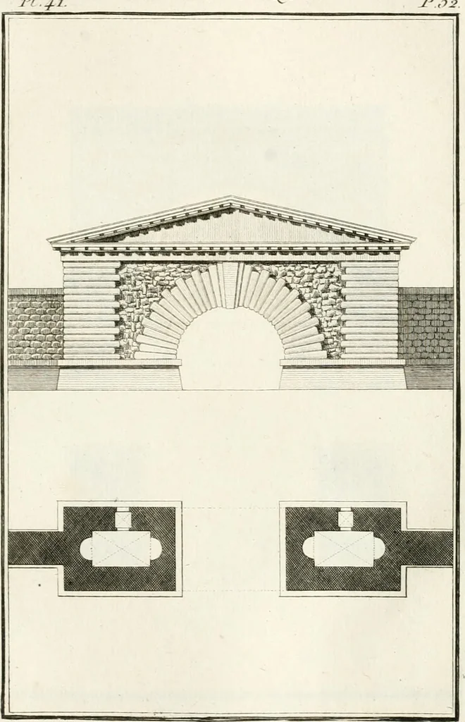 An illustration from Regles des cinq ordres d'architecture de Vignole : ouvrage dans lequel on donne : une idée de la géometrie, les définitions des figures géométriques nécessaires à l'étude de l'architecture, la formation des ordres, rigoureusement démontrée, dans l'origine de l'architecture ... : enfin, les notions nécessaires sur les ordres appellés accessoires, 1797, leaf 120