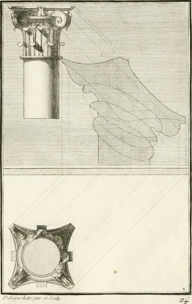 An illustration from Regles des cinq ordres d'architecture de Vignole : ouvrage dans lequel on donne : une idée de la géometrie, les définitions des figures géométriques nécessaires à l'étude de l'architecture, la formation des ordres, rigoureusement démontrée, dans l'origine de l'architecture ... : enfin, les notions nécessaires sur les ordres appellés accessoires, 1797, leaf 212