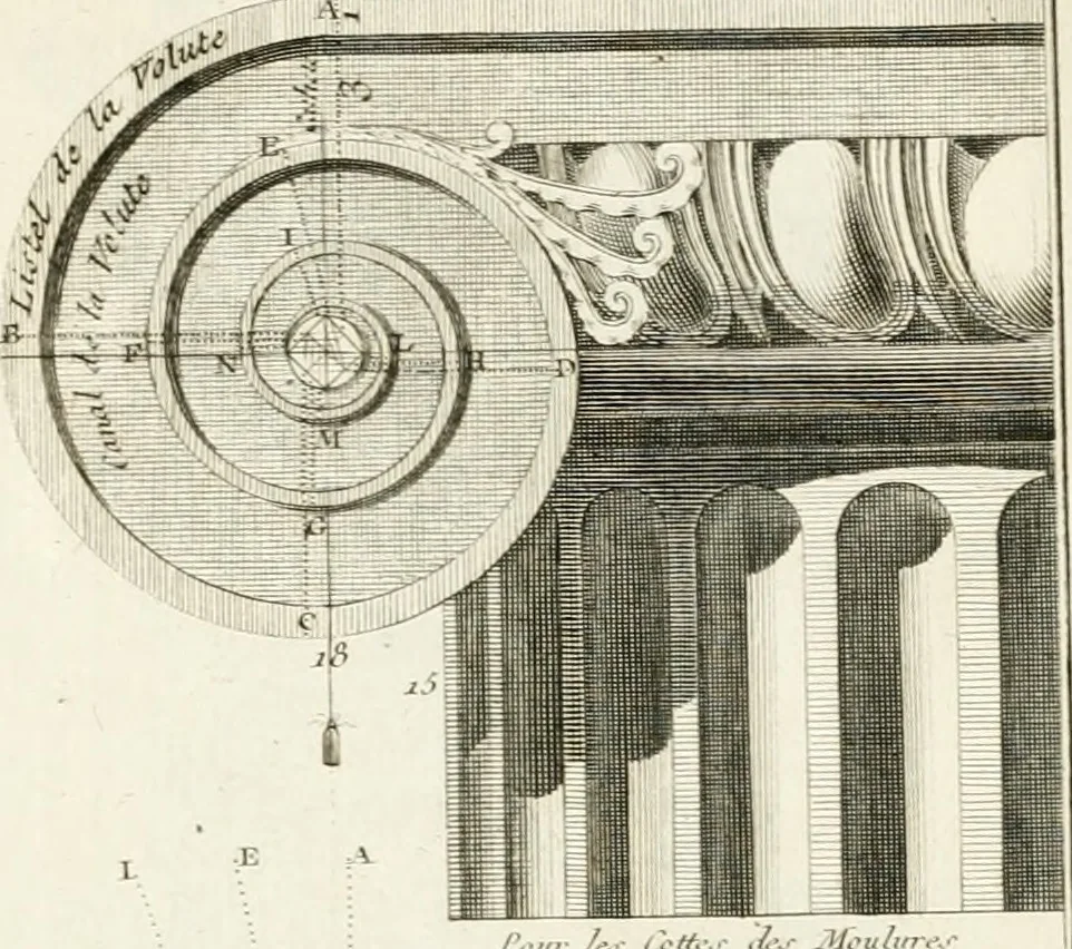 An illustration from Regles des cinq ordres d'architecture de Vignole : ouvrage dans lequel on donne : une idée de la géometrie, les définitions des figures géométriques nécessaires à l'étude de l'architecture, la formation des ordres, rigoureusement démontrée, dans l'origine de l'architecture ... : enfin, les notions nécessaires sur les ordres appellés accessoires, 1797, leaf 68