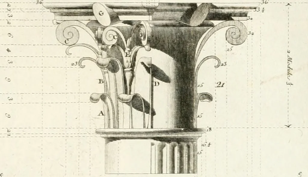 An illustration from Regles des cinq ordres d'architecture de Vignole : ouvrage dans lequel on donne : une idée de la géometrie, les définitions des figures géométriques nécessaires à l'étude de l'architecture, la formation des ordres, rigoureusement démontrée, dans l'origine de l'architecture ... : enfin, les notions nécessaires sur les ordres appellés accessoires, 1797, leaf 76