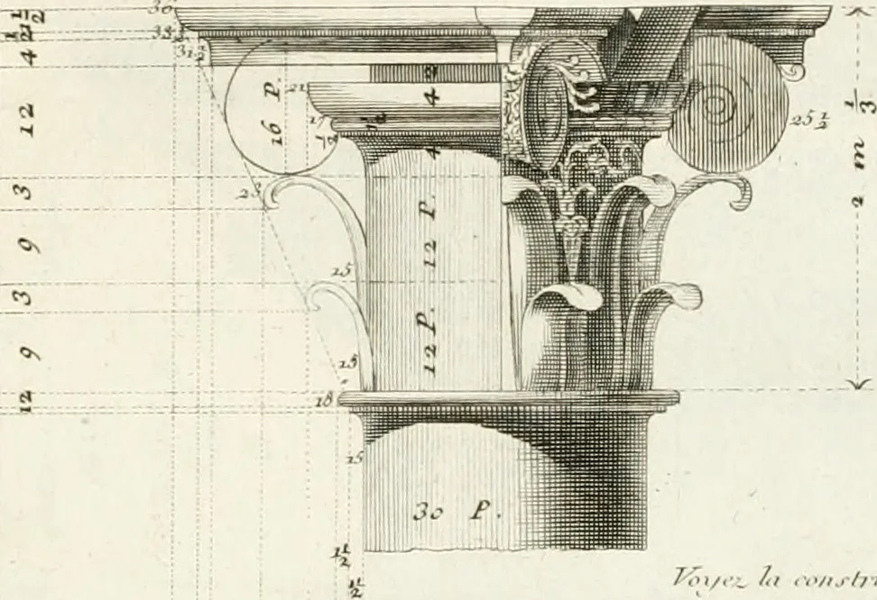 An illustration from Regles des cinq ordres d'architecture de Vignole : ouvrage dans lequel on donne : une idée de la géometrie, les définitions des figures géométriques nécessaires à l'étude de l'architecture, la formation des ordres, rigoureusement démontrée, dans l'origine de l'architecture ... : enfin, les notions nécessaires sur les ordres appellés accessoires, 1797, leaf 84