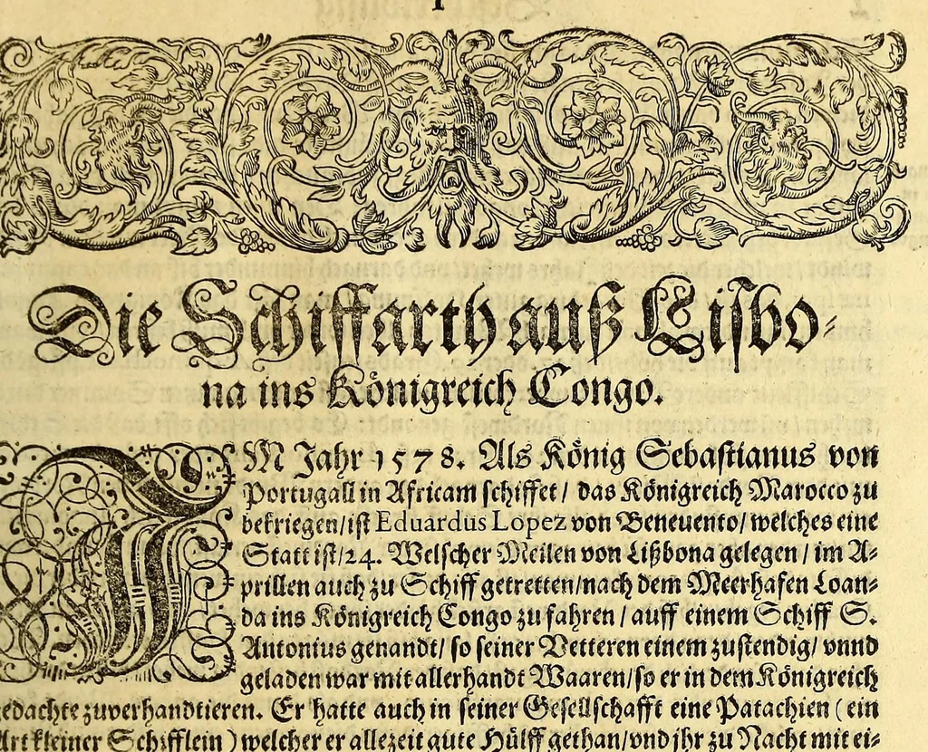 An illustration from Regnvm Congo hoc est Warhaffte vnd Eigentliche Beschreibung dess Königreichs Congo in Africa, vnd deren angrentzenden Länder, darinnen der Inwohner Glaub, Leben, Sitten vnd Kleydung wol vnd aussführlich vermeldet vnd angezeigt wirdt., 1597, leaf 19