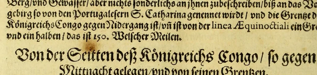 An illustration from Regnvm Congo hoc est Warhaffte vnd Eigentliche Beschreibung dess Königreichs Congo in Africa, vnd deren angrentzenden Länder, darinnen der Inwohner Glaub, Leben, Sitten vnd Kleydung wol vnd aussführlich vermeldet vnd angezeigt wirdt., 1597, leaf 30