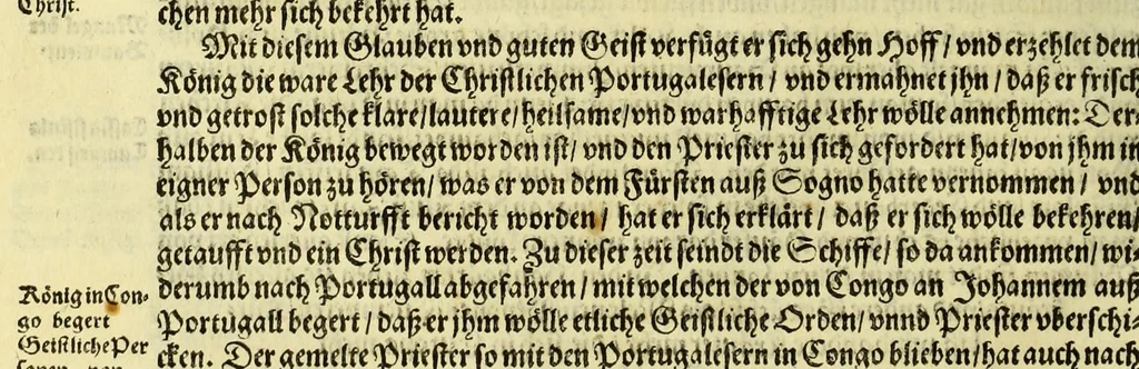 An illustration from Regnvm Congo hoc est Warhaffte vnd Eigentliche Beschreibung dess Königreichs Congo in Africa, vnd deren angrentzenden Länder, darinnen der Inwohner Glaub, Leben, Sitten vnd Kleydung wol vnd aussführlich vermeldet vnd angezeigt wirdt., 1597, leaf 56