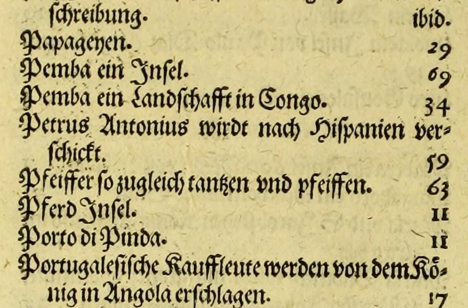 An illustration from Regnvm Congo hoc est Warhaffte vnd Eigentliche Beschreibung dess Königreichs Congo in Africa, vnd deren angrentzenden Länder, darinnen der Inwohner Glaub, Leben, Sitten vnd Kleydung wol vnd aussführlich vermeldet vnd angezeigt wirdt., 1609, leaf 102