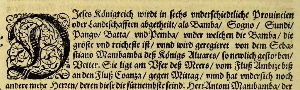 An illustration from Regnvm Congo hoc est Warhaffte vnd Eigentliche Beschreibung dess Königreichs Congo in Africa, vnd deren angrentzenden Länder, darinnen der Inwohner Glaub, Leben, Sitten vnd Kleydung wol vnd aussführlich vermeldet vnd angezeigt wirdt., 1609, leaf 46