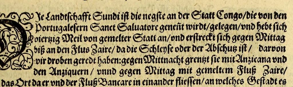 An illustration from Regnvm Congo hoc est Warhaffte vnd Eigentliche Beschreibung dess Königreichs Congo in Africa, vnd deren angrentzenden Länder, darinnen der Inwohner Glaub, Leben, Sitten vnd Kleydung wol vnd aussführlich vermeldet vnd angezeigt wirdt., 1609, leaf 55