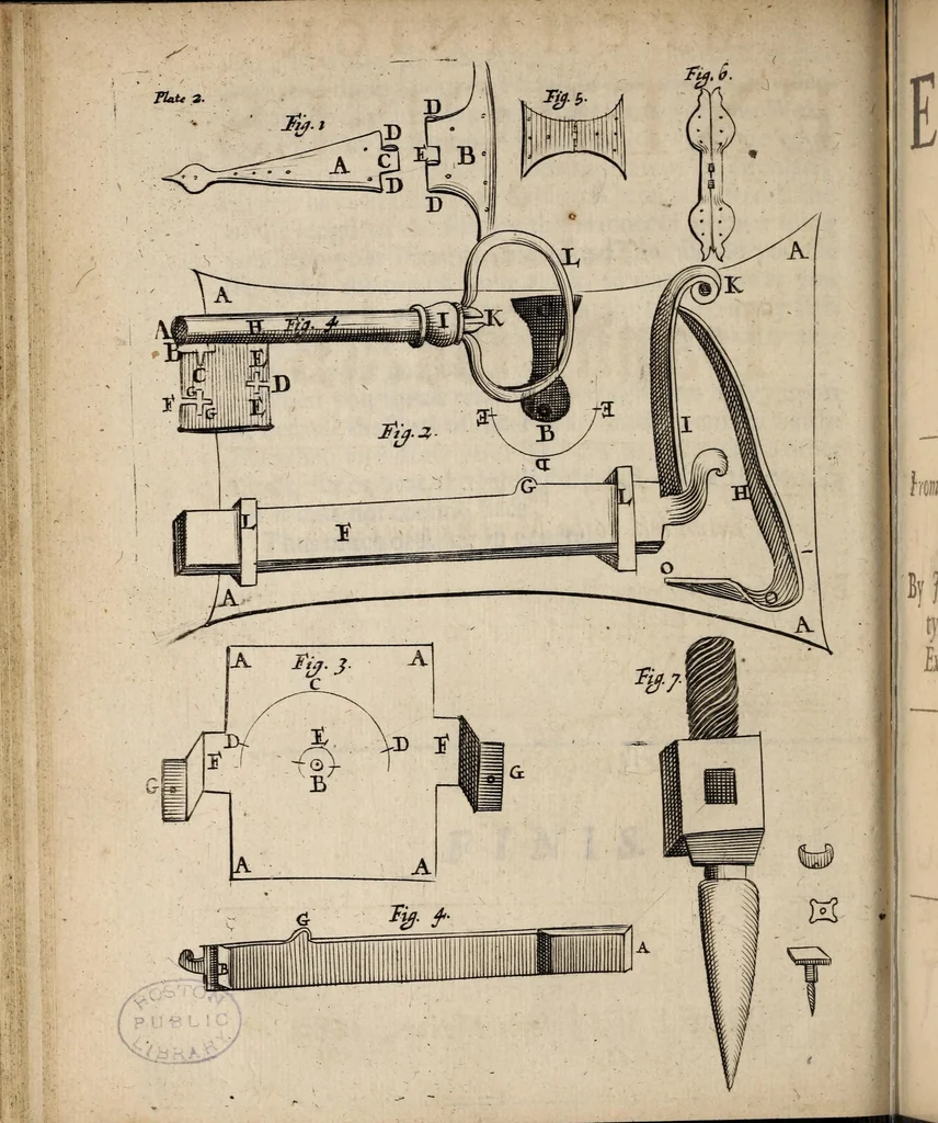 An illustration from Regulae trium ordinum literarum typographicarum, or, The rules of the three orders of print letters : viz. The Roman Italick English capitals and small : shewing how they are compounded of geometrick figures, and mostly made by rule and compass : useful for writing masters, painters, carvers, masons, and others that are lovers of curiosity, 1676, leaf 104