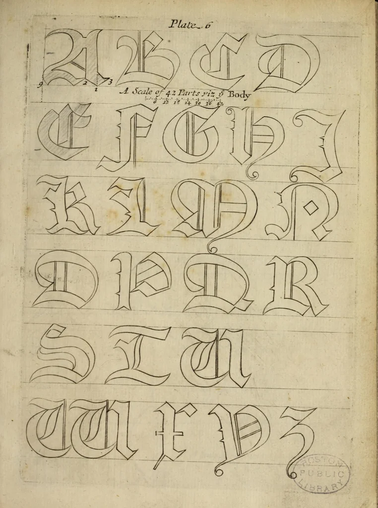 An illustration from Regulae trium ordinum literarum typographicarum, or, The rules of the three orders of print letters : viz. The Roman Italick English capitals and small : shewing how they are compounded of geometrick figures, and mostly made by rule and compass : useful for writing masters, painters, carvers, masons, and others that are lovers of curiosity, 1676, leaf 21