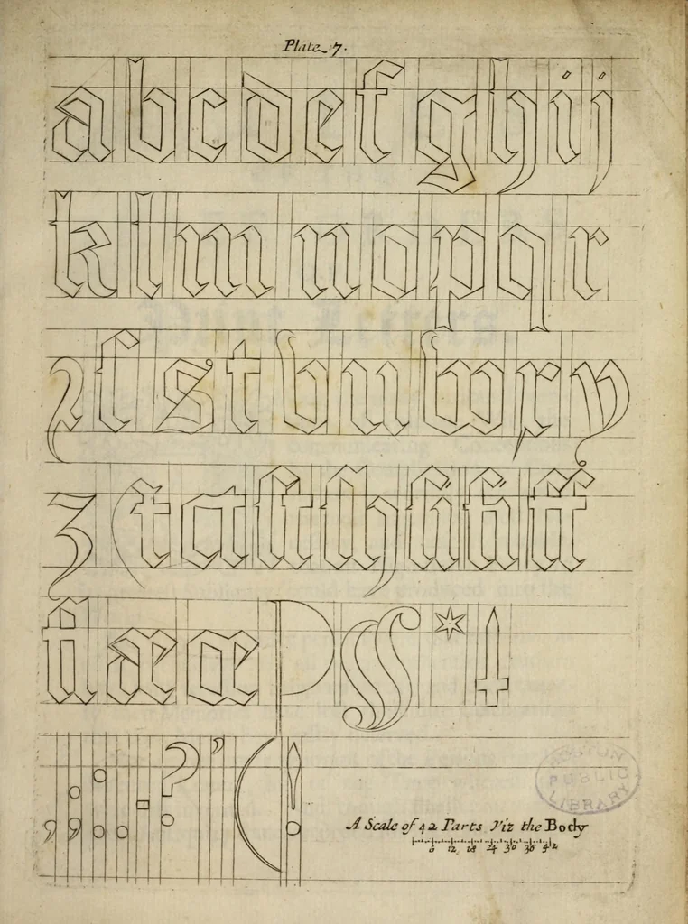 An illustration from Regulae trium ordinum literarum typographicarum, or, The rules of the three orders of print letters : viz. The Roman Italick English capitals and small : shewing how they are compounded of geometrick figures, and mostly made by rule and compass : useful for writing masters, painters, carvers, masons, and others that are lovers of curiosity, 1676, leaf 23
