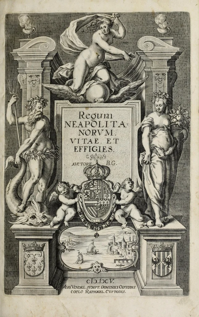 An illustration from Regum neapolitanorum vitae et effigies, 1605, leaf 7