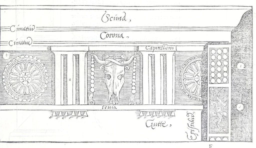 An illustration from Reigles generales de l'architecture, sur les cincq manieres d'edifices : ascauoir, thuscane, doricq̄, ioniq̄, corinthe, & cōposite, auec les exemples danticquitez, selon la doctrine de Vitruue, 1545, leaf 35