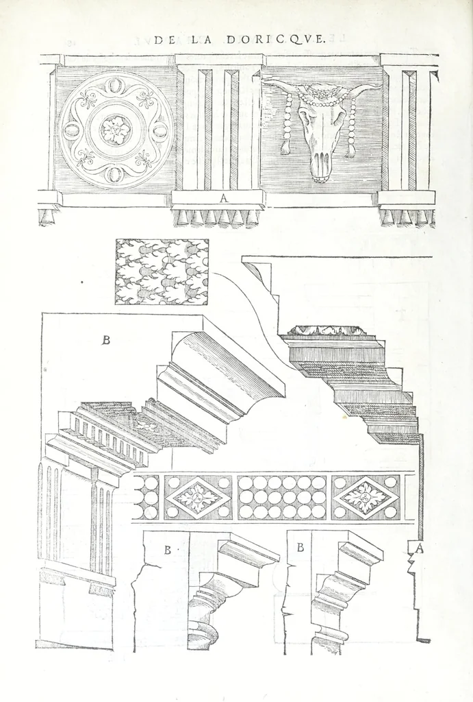 An illustration from Reigles generales de l'architecture, sur les cincq manieres d'edifices : ascauoir, thuscane, doricq̄, ioniq̄, corinthe, & cōposite, auec les exemples danticquitez, selon la doctrine de Vitruue, 1545, leaf 38