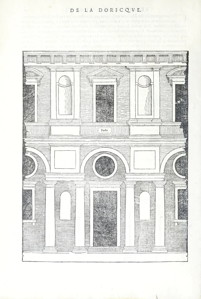 An illustration from Reigles generales de l'architecture, sur les cincq manieres d'edifices : ascauoir, thuscane, doricq̄, ioniq̄, corinthe, & cōposite, auec les exemples danticquitez, selon la doctrine de Vitruue, 1545, leaf 56