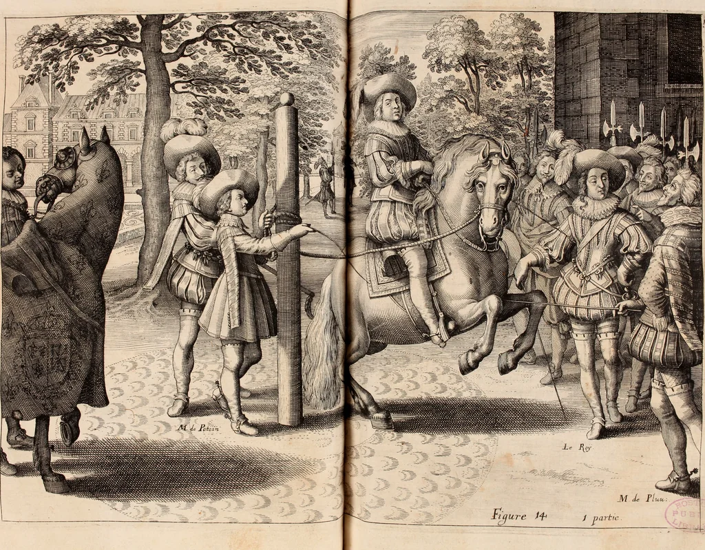 An illustration from Reitkunst Herrn Antonij de Pluvinel, darinnen er die jetzo regirende Kön. Mayst. in Frankreich/Ludouicum XIII. vnderwiesen : lehrend / Wie ein Reutersmann sich zu allen ritterlichen Vbungen bequemen vnd instellen / wie ein Pferd zum Gehorsam zubringen vnd in allerley schönen Schulen / Stücken vnd Maneigen leichtlich vnd volkommenlich abgerichtet werden soll : In Frantzösischer vnd Teutscher Sprach an den Tag gegeben / vnnd mit sechzig schönen Kupfferstücken gezieret, 1628, leaf 102
