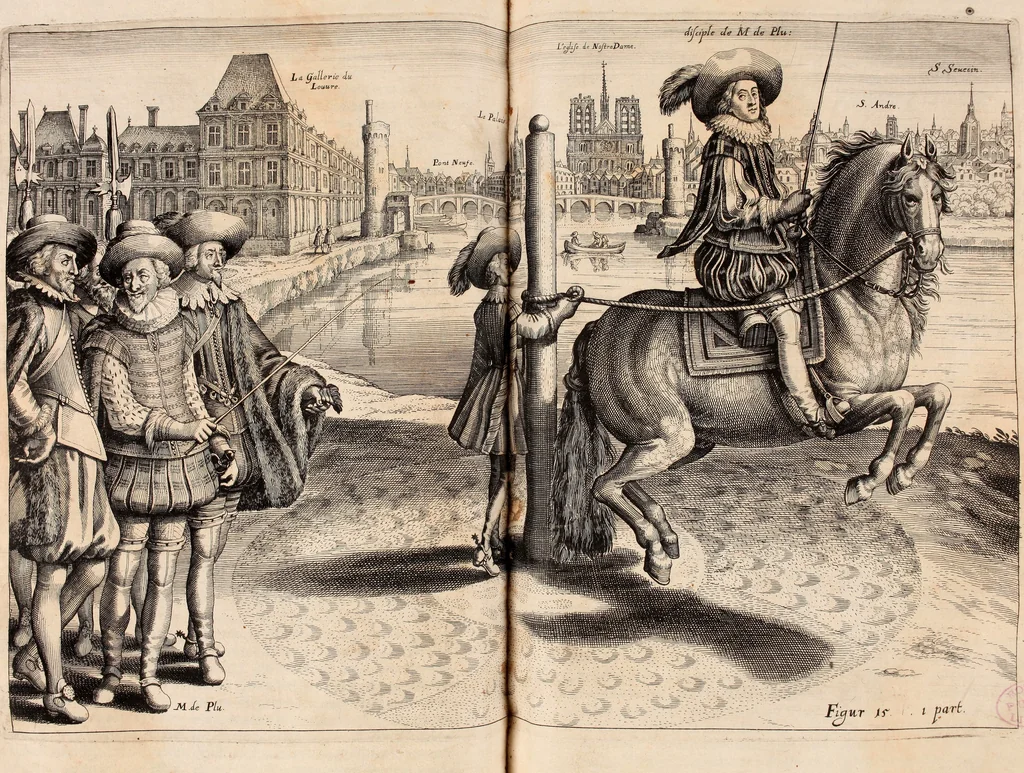 An illustration from Reitkunst Herrn Antonij de Pluvinel, darinnen er die jetzo regirende Kön. Mayst. in Frankreich/Ludouicum XIII. vnderwiesen : lehrend / Wie ein Reutersmann sich zu allen ritterlichen Vbungen bequemen vnd instellen / wie ein Pferd zum Gehorsam zubringen vnd in allerley schönen Schulen / Stücken vnd Maneigen leichtlich vnd volkommenlich abgerichtet werden soll : In Frantzösischer vnd Teutscher Sprach an den Tag gegeben / vnnd mit sechzig schönen Kupfferstücken gezieret, 1628, leaf 112