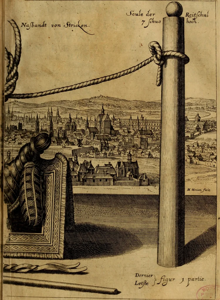 An illustration from Reitkunst Herrn Antonij de Pluvinel, darinnen er die jetzo regirende Kön. Mayst. in Frankreich/Ludouicum XIII. vnderwiesen : lehrend / Wie ein Reutersmann sich zu allen ritterlichen Vbungen bequemen vnd instellen / wie ein Pferd zum Gehorsam zubringen vnd in allerley schönen Schulen / Stücken vnd Maneigen leichtlich vnd volkommenlich abgerichtet werden soll : In Frantzösischer vnd Teutscher Sprach an den Tag gegeben / vnnd mit sechzig schönen Kupfferstücken gezieret, 1628, leaf 118