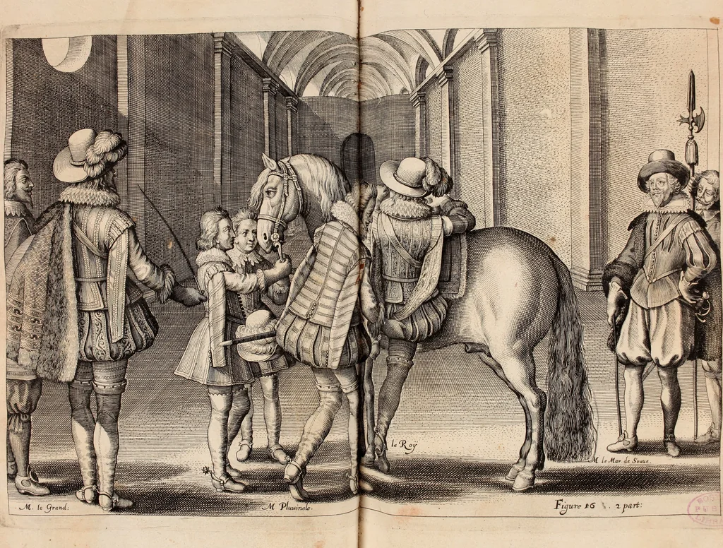 An illustration from Reitkunst Herrn Antonij de Pluvinel, darinnen er die jetzo regirende Kön. Mayst. in Frankreich/Ludouicum XIII. vnderwiesen : lehrend / Wie ein Reutersmann sich zu allen ritterlichen Vbungen bequemen vnd instellen / wie ein Pferd zum Gehorsam zubringen vnd in allerley schönen Schulen / Stücken vnd Maneigen leichtlich vnd volkommenlich abgerichtet werden soll : In Frantzösischer vnd Teutscher Sprach an den Tag gegeben / vnnd mit sechzig schönen Kupfferstücken gezieret, 1628, leaf 124