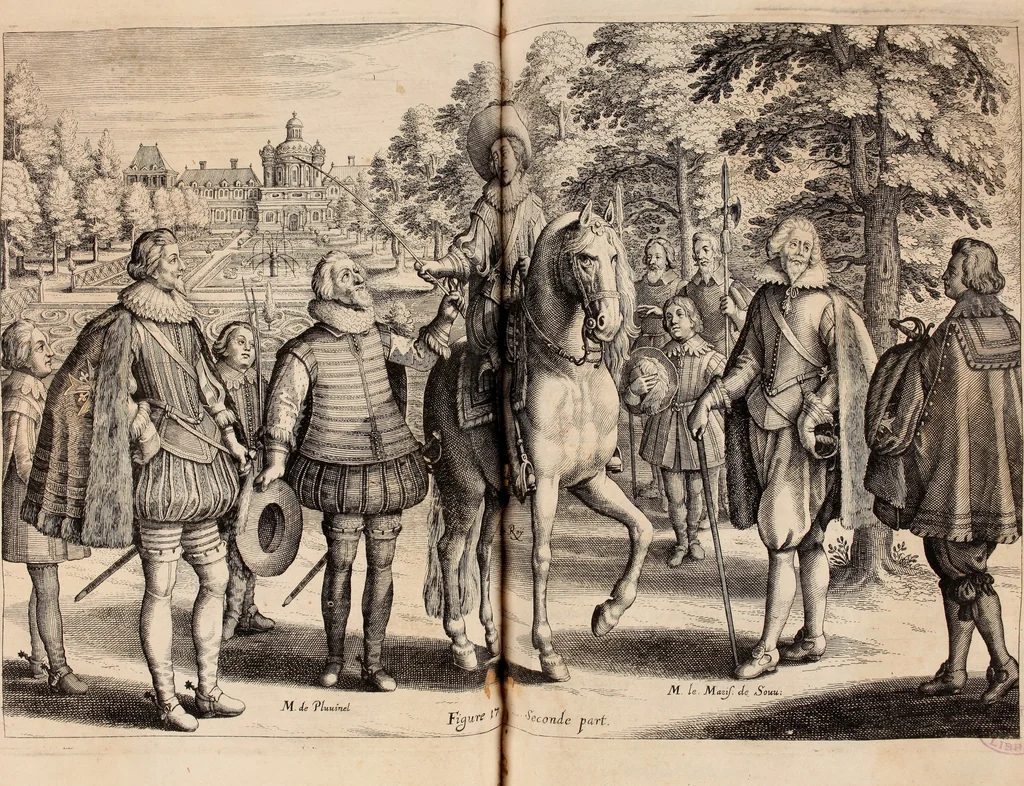 An illustration from Reitkunst Herrn Antonij de Pluvinel, darinnen er die jetzo regirende Kön. Mayst. in Frankreich/Ludouicum XIII. vnderwiesen : lehrend / Wie ein Reutersmann sich zu allen ritterlichen Vbungen bequemen vnd instellen / wie ein Pferd zum Gehorsam zubringen vnd in allerley schönen Schulen / Stücken vnd Maneigen leichtlich vnd volkommenlich abgerichtet werden soll : In Frantzösischer vnd Teutscher Sprach an den Tag gegeben / vnnd mit sechzig schönen Kupfferstücken gezieret, 1628, leaf 128