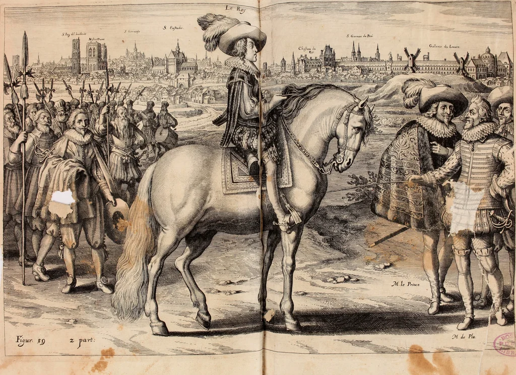 An illustration from Reitkunst Herrn Antonij de Pluvinel, darinnen er die jetzo regirende Kön. Mayst. in Frankreich/Ludouicum XIII. vnderwiesen : lehrend / Wie ein Reutersmann sich zu allen ritterlichen Vbungen bequemen vnd instellen / wie ein Pferd zum Gehorsam zubringen vnd in allerley schönen Schulen / Stücken vnd Maneigen leichtlich vnd volkommenlich abgerichtet werden soll : In Frantzösischer vnd Teutscher Sprach an den Tag gegeben / vnnd mit sechzig schönen Kupfferstücken gezieret, 1628, leaf 144